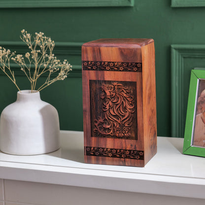Crafted wooden urn with elegant lion design, suitable for adults and women and ideal for funeral decorations and burial of ashes
