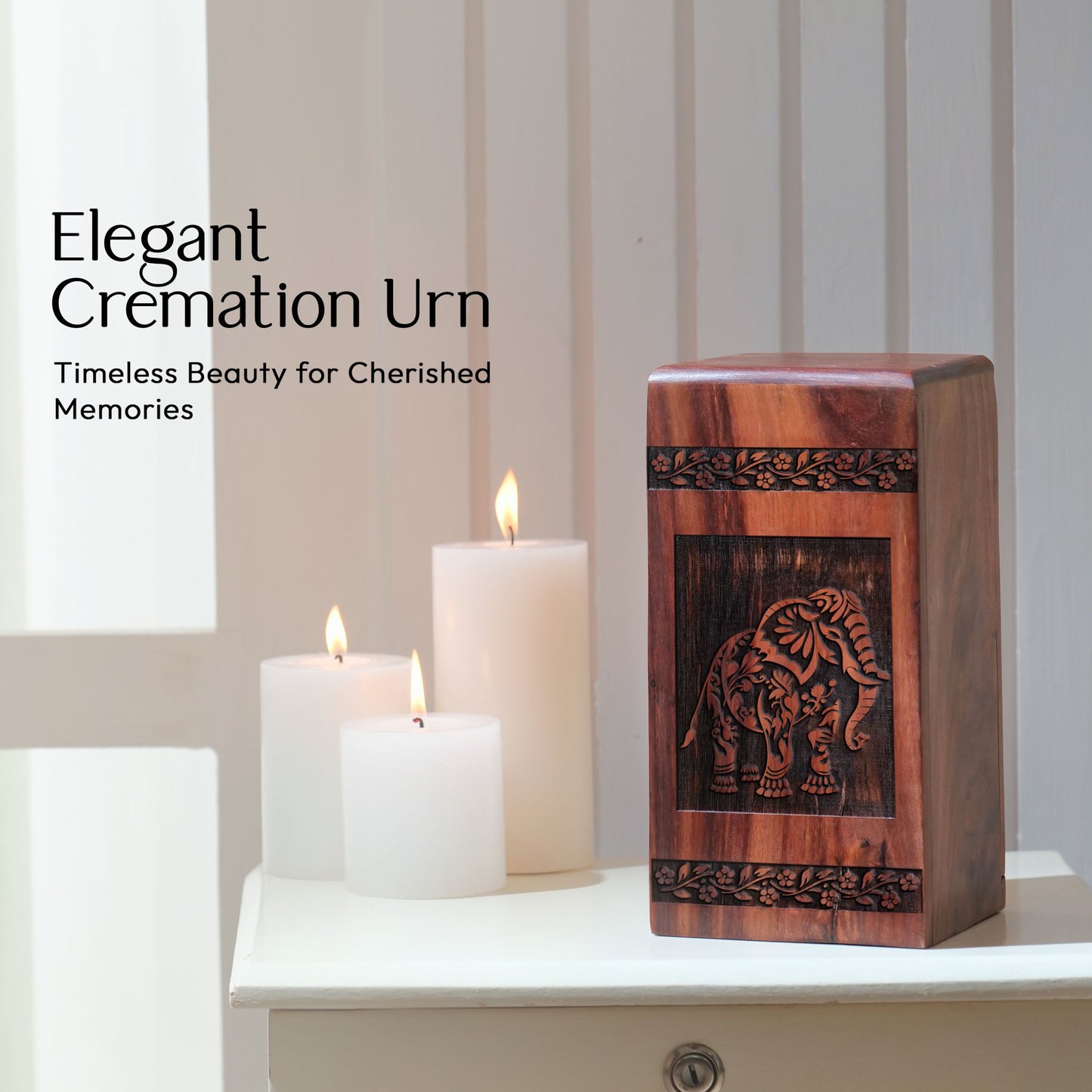 Sturdy wooden Elephant urn, adult cremation urn for men symbolizing strength and family, ideal ash urn for beloved dad