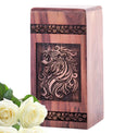 Lion designed wood funeral urn for adult male human ashes, symbolizing a strong memorial