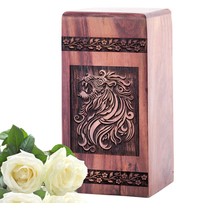 Lion designed wood funeral urn for adult male human ashes, symbolizing a strong memorial
