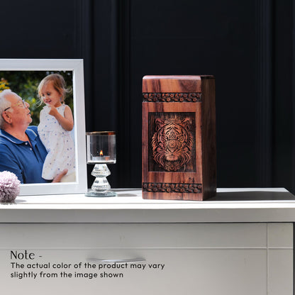 Medium sized Tiger Wood Cremation Urn, unique and portable, suitable for human ashes burial in ground.