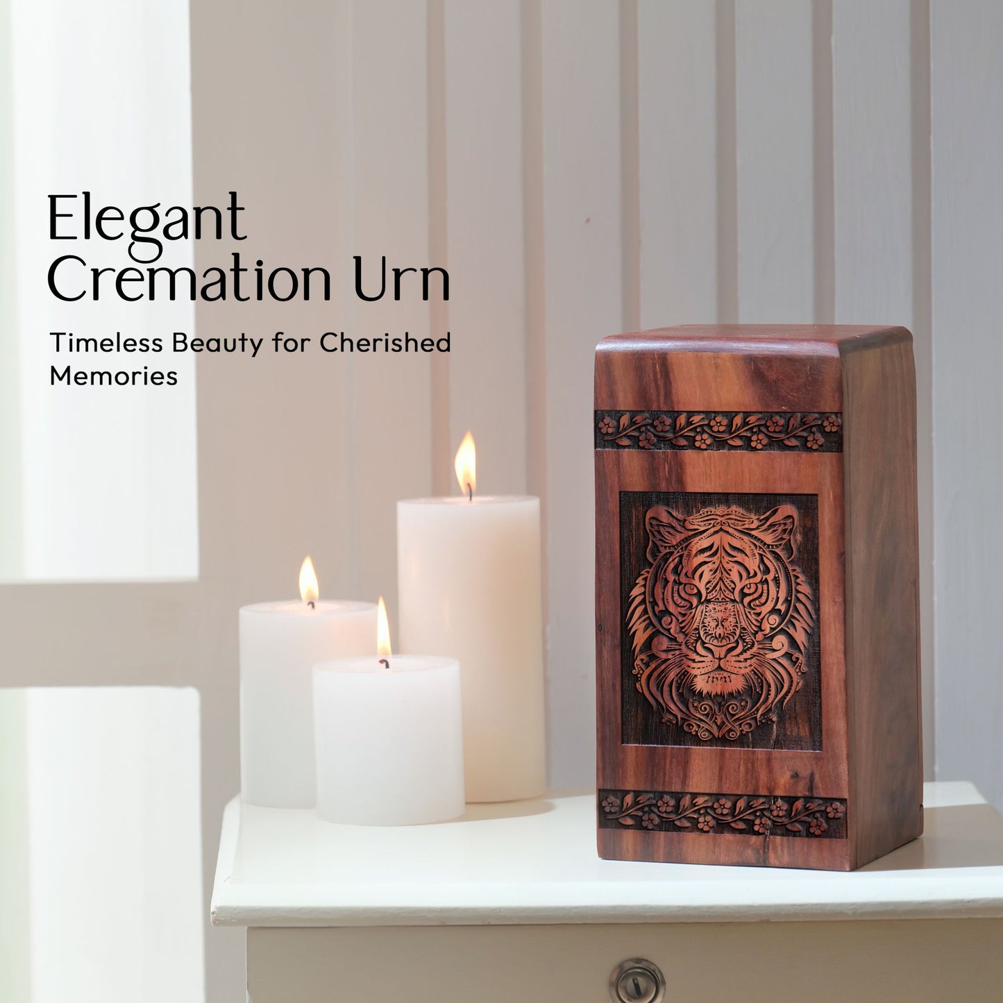 Medium sized Tiger Wood Cremation Urn, unique and portable, suitable for human ashes burial in ground.