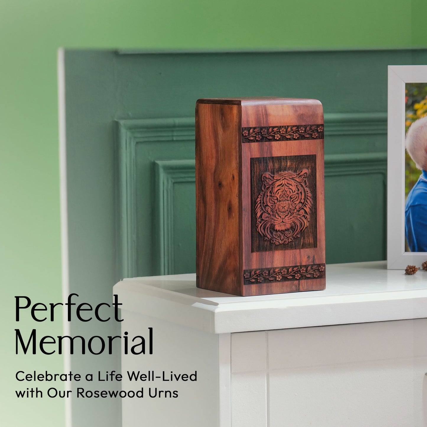 Medium sized Tiger Wood Cremation Urn, unique and portable, suitable for human ashes burial in ground.