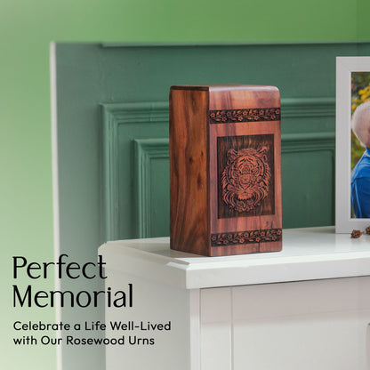 Medium sized Tiger Wood Cremation Urn, unique and portable, suitable for human ashes burial in ground.