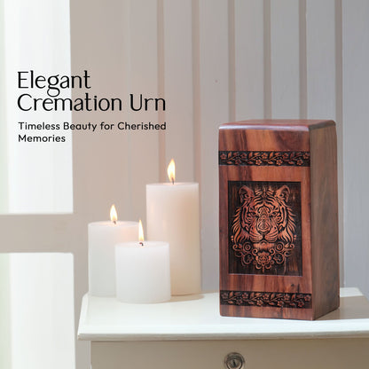 Tiger Urn, an unique and custom made cremation urn for adult female ashes, crafted from premium wood