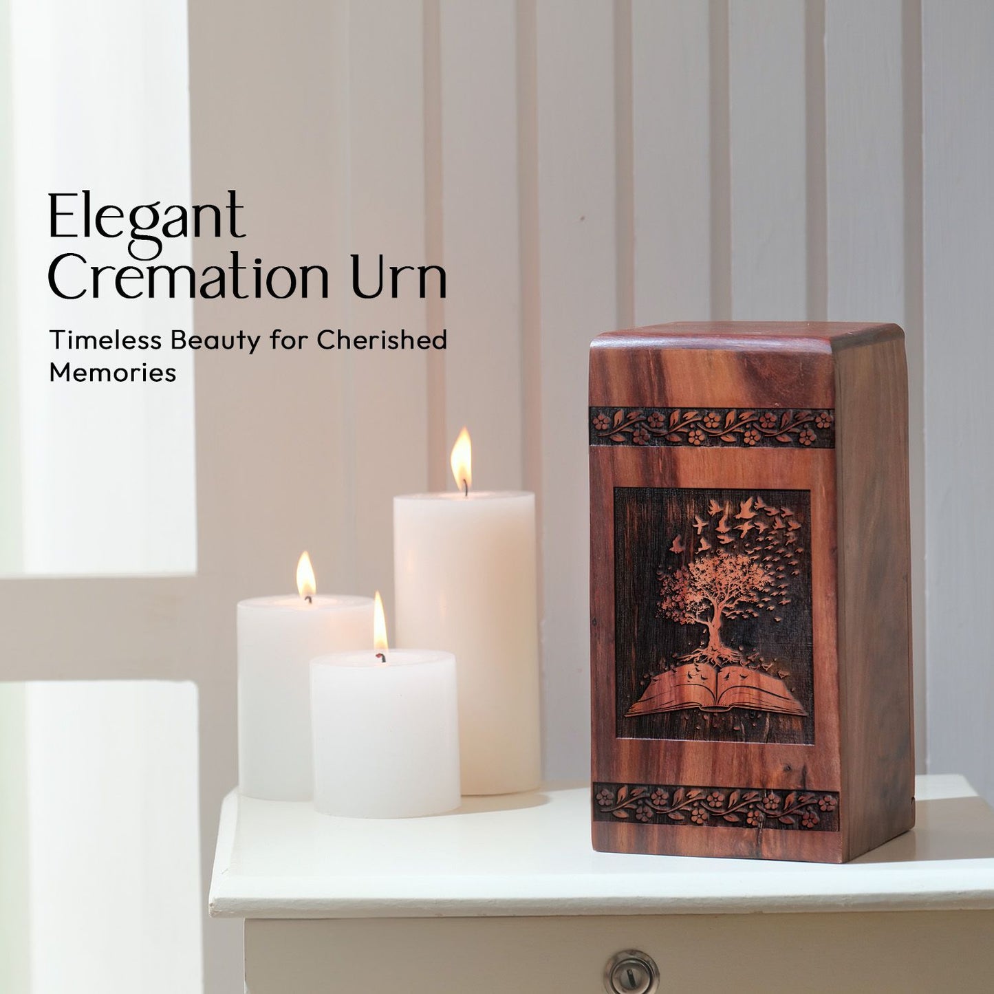 Eco-friendly Tree of Life urn, suitable as elegant funeral decoration or burial urn for human ashes, ideal for adults and women.