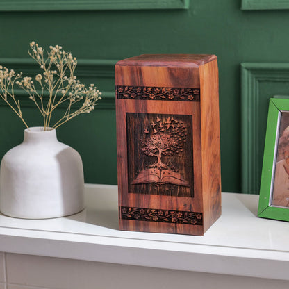 Eco-friendly Tree of Life urn, suitable as elegant funeral decoration or burial urn for human ashes, ideal for adults and women.