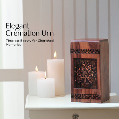 Elegant Tree of Life cremation urn crafted in wood, perfect memorial for women's ashes