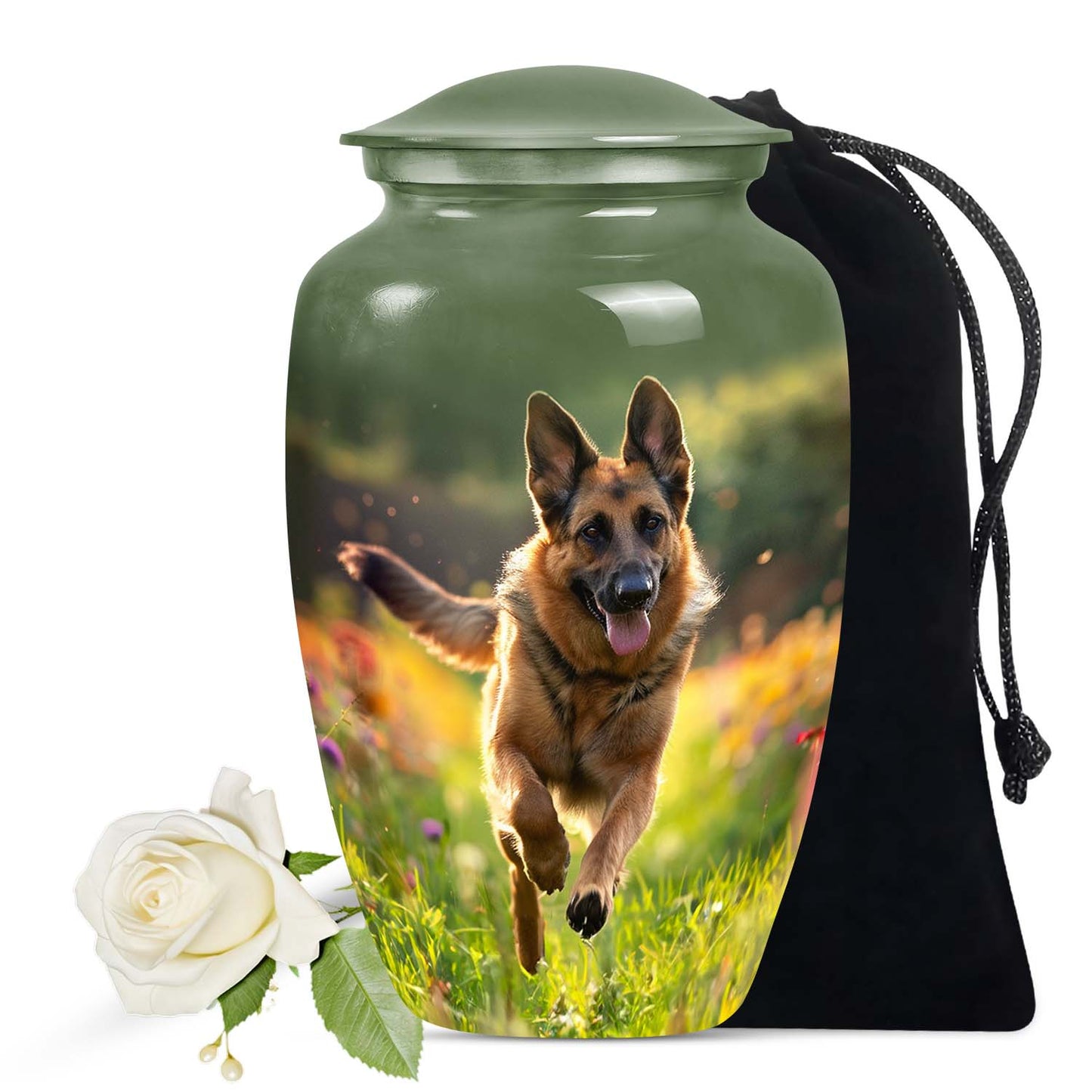 Dog Urn for Pet Ashes, German Shepherd in Flower Field, Memorial Urn