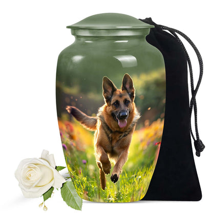 Dog Urn for Pet Ashes, German Shepherd in Flower Field, Memorial Urn