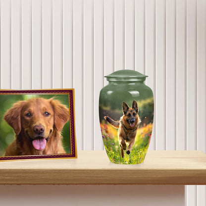 Dog Urn for Pet Ashes, German Shepherd in Flower Field, Memorial Urn