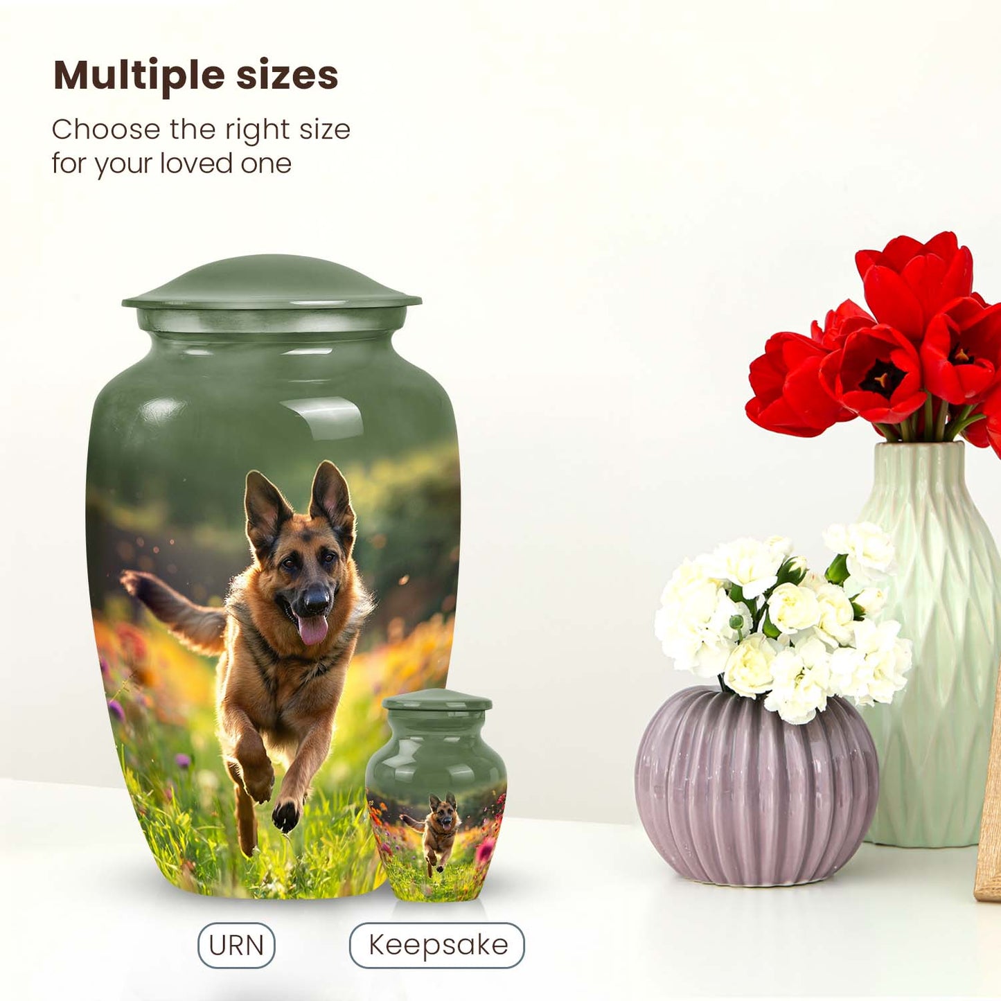 Dog Urn for Pet Ashes, German Shepherd in Flower Field, Memorial Urn