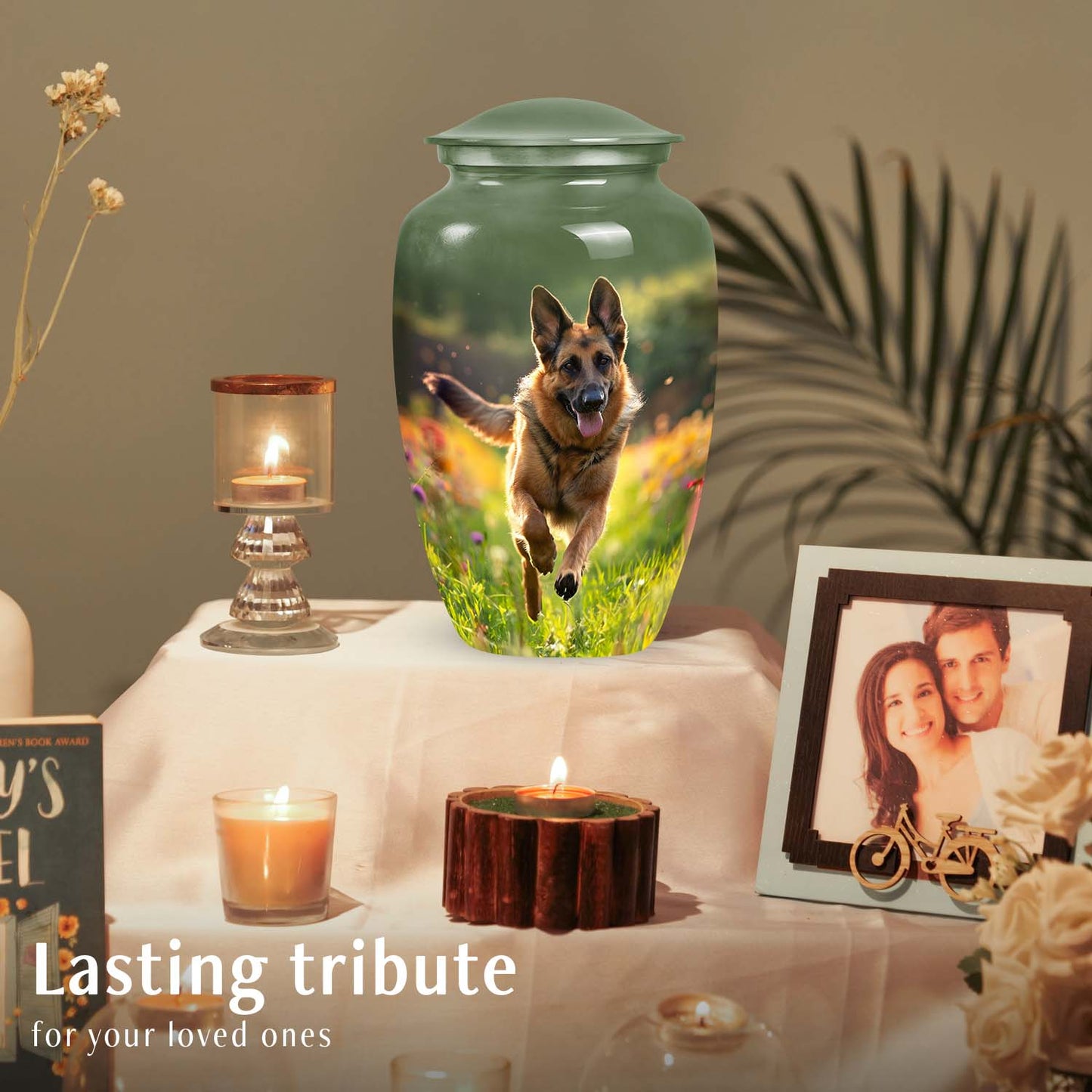 Dog Urn for Pet Ashes, German Shepherd in Flower Field, Memorial Urn