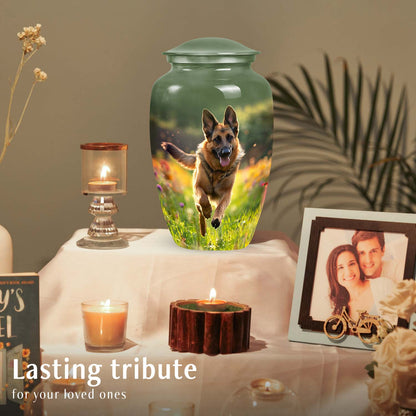 Dog Urn for Pet Ashes, German Shepherd in Flower Field, Memorial Urn