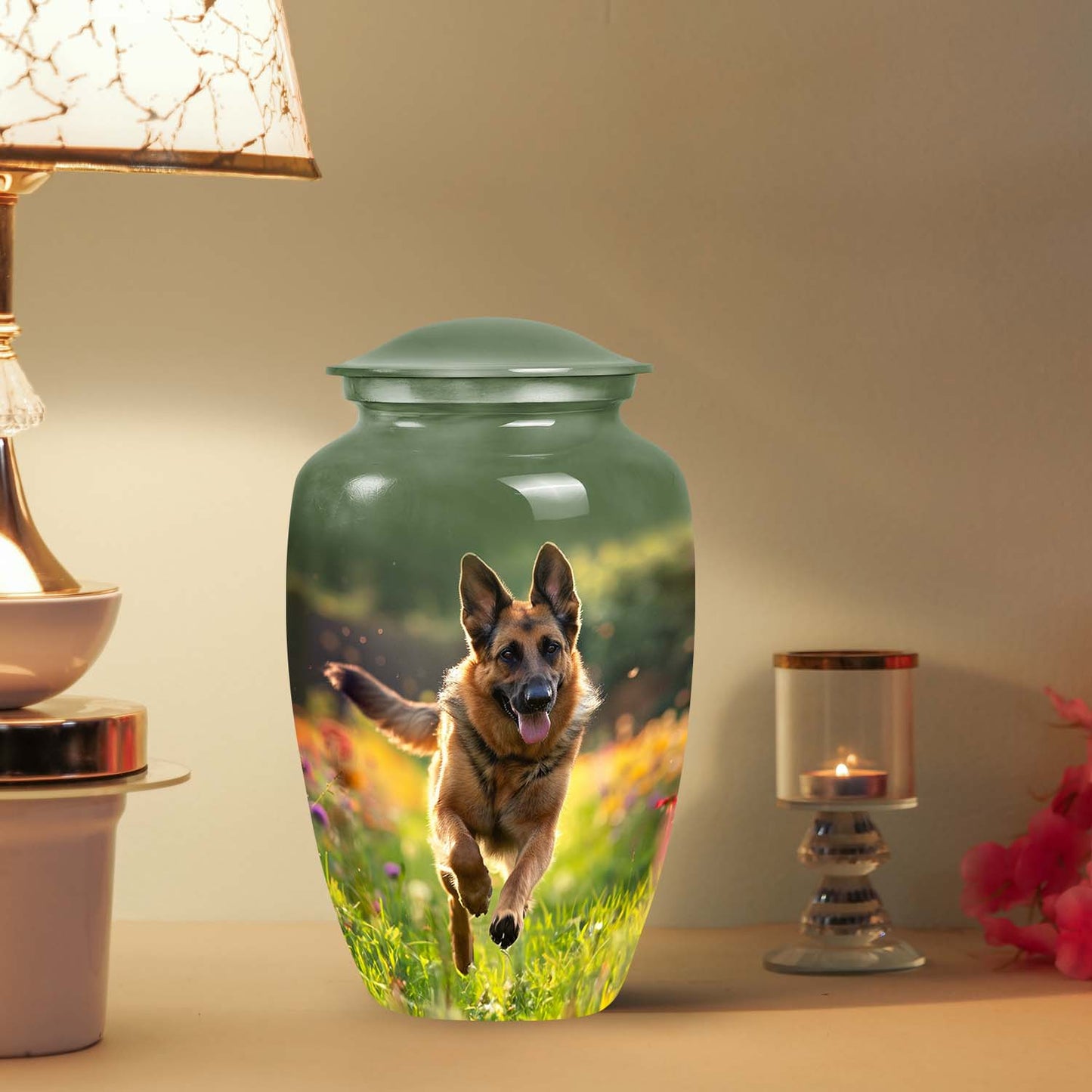 Dog Urn for Pet Ashes, German Shepherd in Flower Field, Memorial Urn