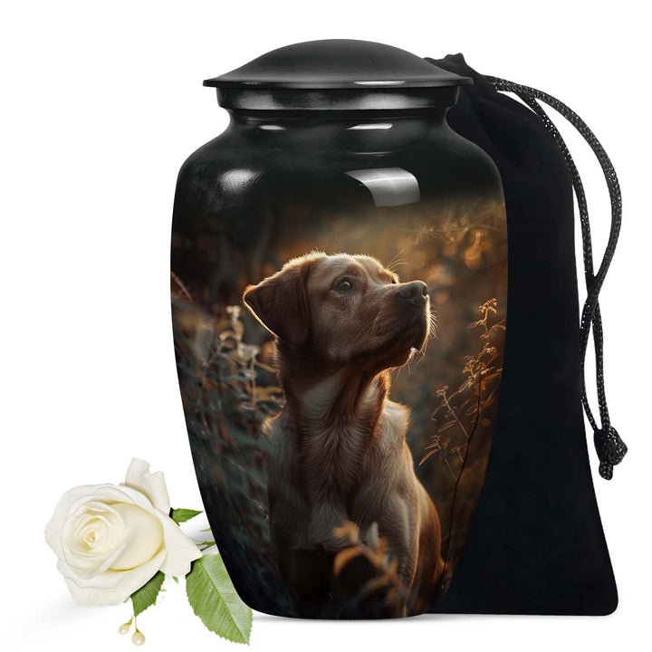 Dog Urn for Pet Ashes, Labrador Portrait in Dark Foliage, Memorial Urn