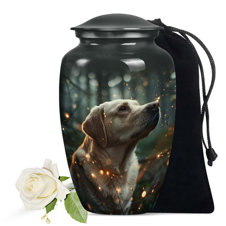 Dog Urn for Pet Ashes, Yellow Labrador in Forest with Glowing Lights, Dark Cremation Urn