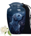 Dark Blue Memorial with Pensive Dog Portrait - Pet Ash Memorial