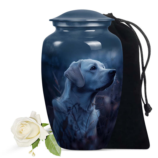 Dark Blue Memorial with Pensive Dog Portrait - Pet Ash Memorial