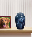 Dark Blue Memorial with Pensive Dog Portrait - Pet Ash Memorial
