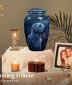 Dark Blue Memorial with Pensive Dog Portrait - Pet Ash Memorial