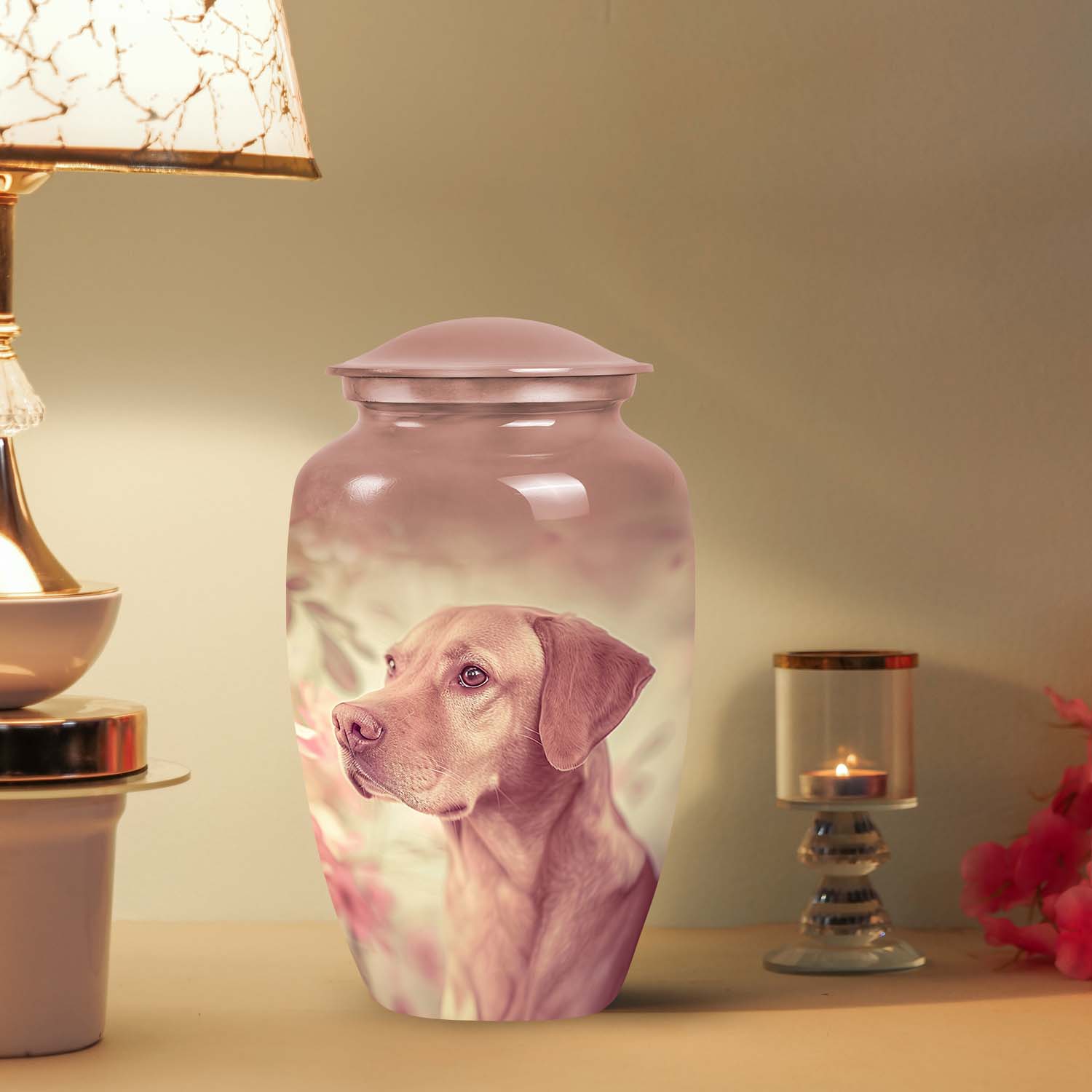 Labrador Pet Dog Memorial Urn for Pet Ashes - Unique Dog Urn Pink Theme