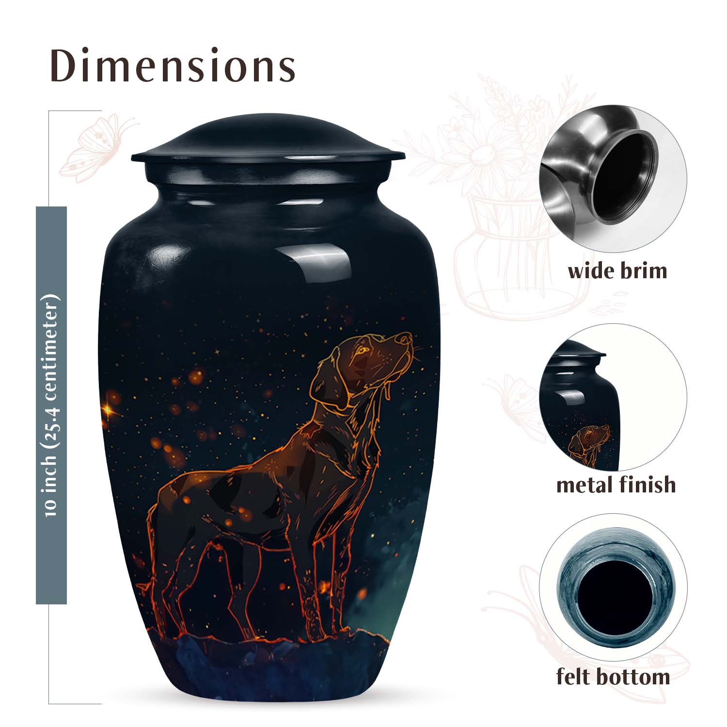 Celestial Pet Urn Black – Golden Fiery Dog Outline Memorial Keepsake