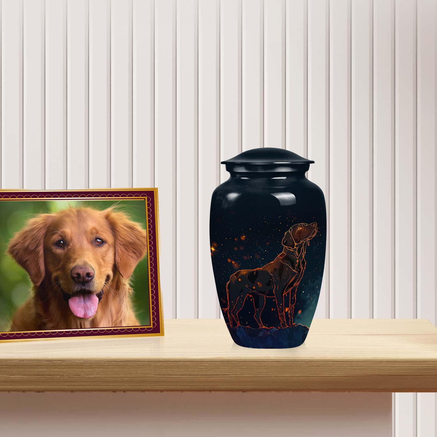 Celestial Pet Urn Black – Golden Fiery Dog Outline Memorial Keepsake