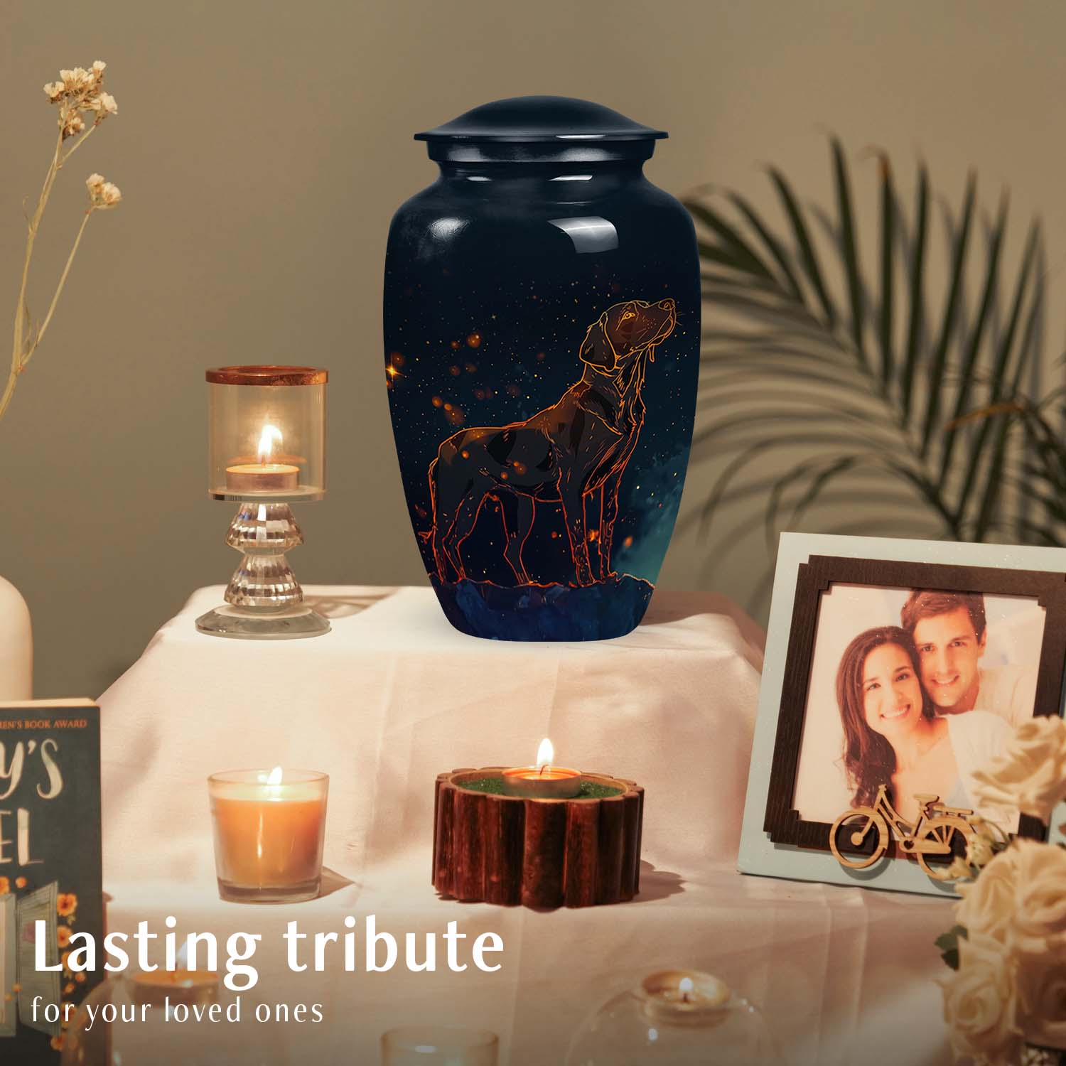 Celestial Pet Urn Black – Golden Fiery Dog Outline Memorial Keepsake