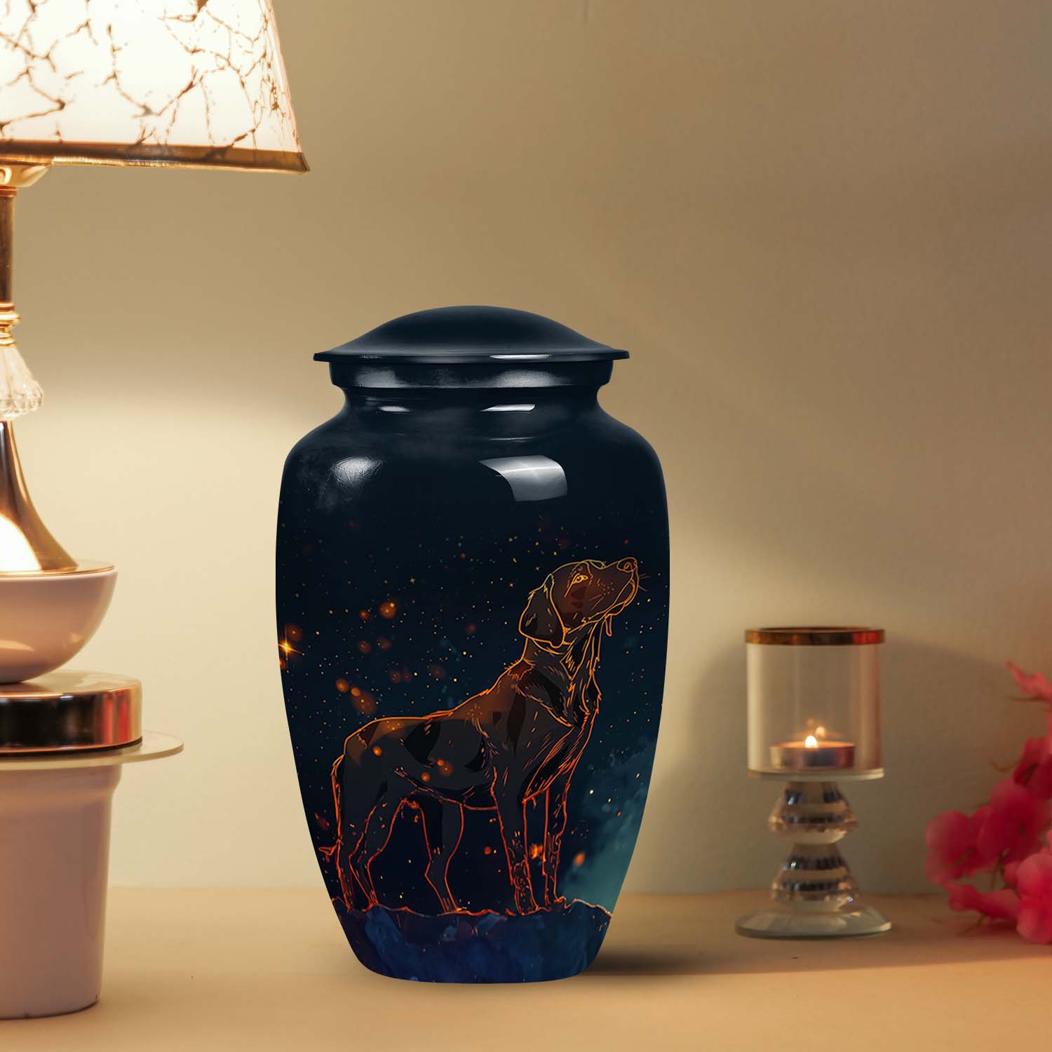 Celestial Pet Urn Black – Golden Fiery Dog Outline Memorial Keepsake