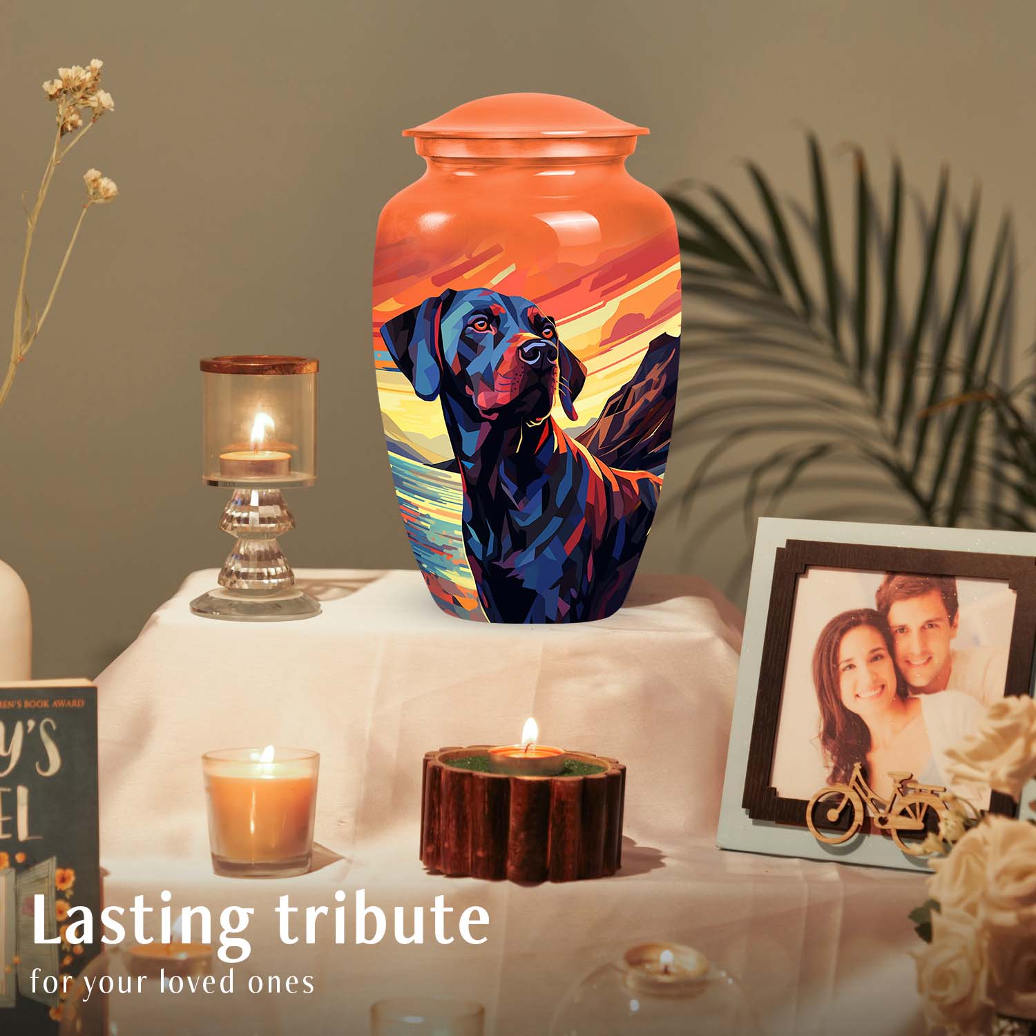 Orange Sunset Dog Urn – Black Labrador Memorial Keepsake