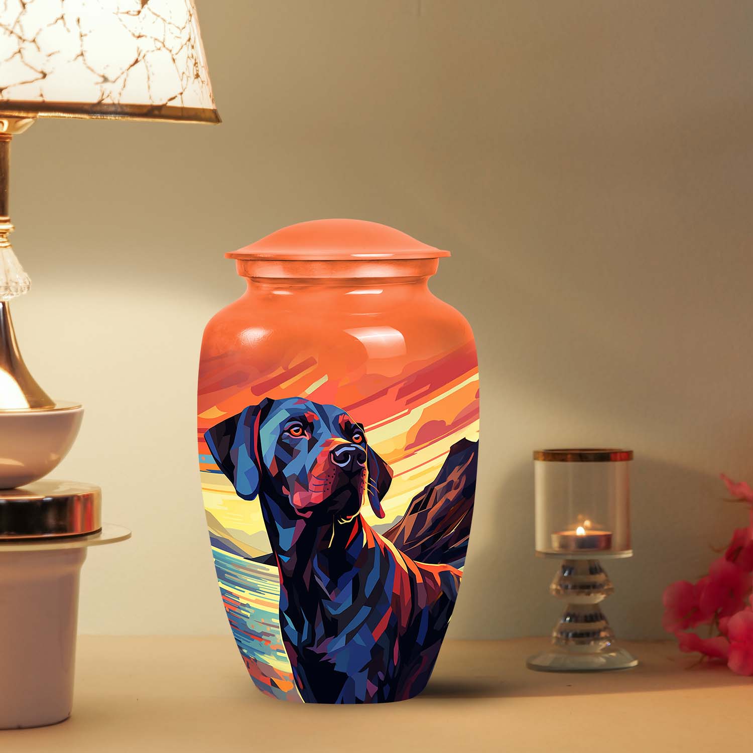 Orange Sunset Dog Urn – Black Labrador Memorial Keepsake