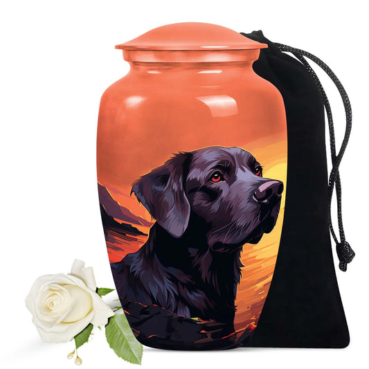 Black Labrador Dog Memorial Cremation Urn - Orange Sunset Dog Tribute Urn