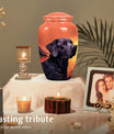 Black Labrador Dog Memorial Cremation Urn - Orange Sunset Dog Tribute Urn
