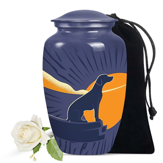 Navy Blue Cremation Urn for Dog Ashes - Abstract Sunset Silhouette Memorial