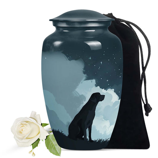 Black Dog Pet Cremation Urn - Blue Cloud and Starry Night Memorial Urn