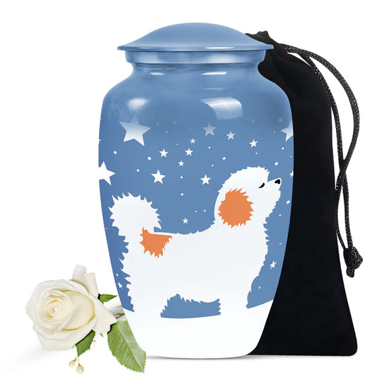 White Fluffy Dog Pet Cremation Urn For Ashes - Dog Memorial Urn