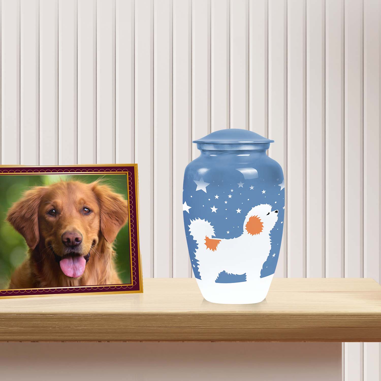 White Fluffy Dog Pet Cremation Urn For Ashes - Dog Memorial Urn