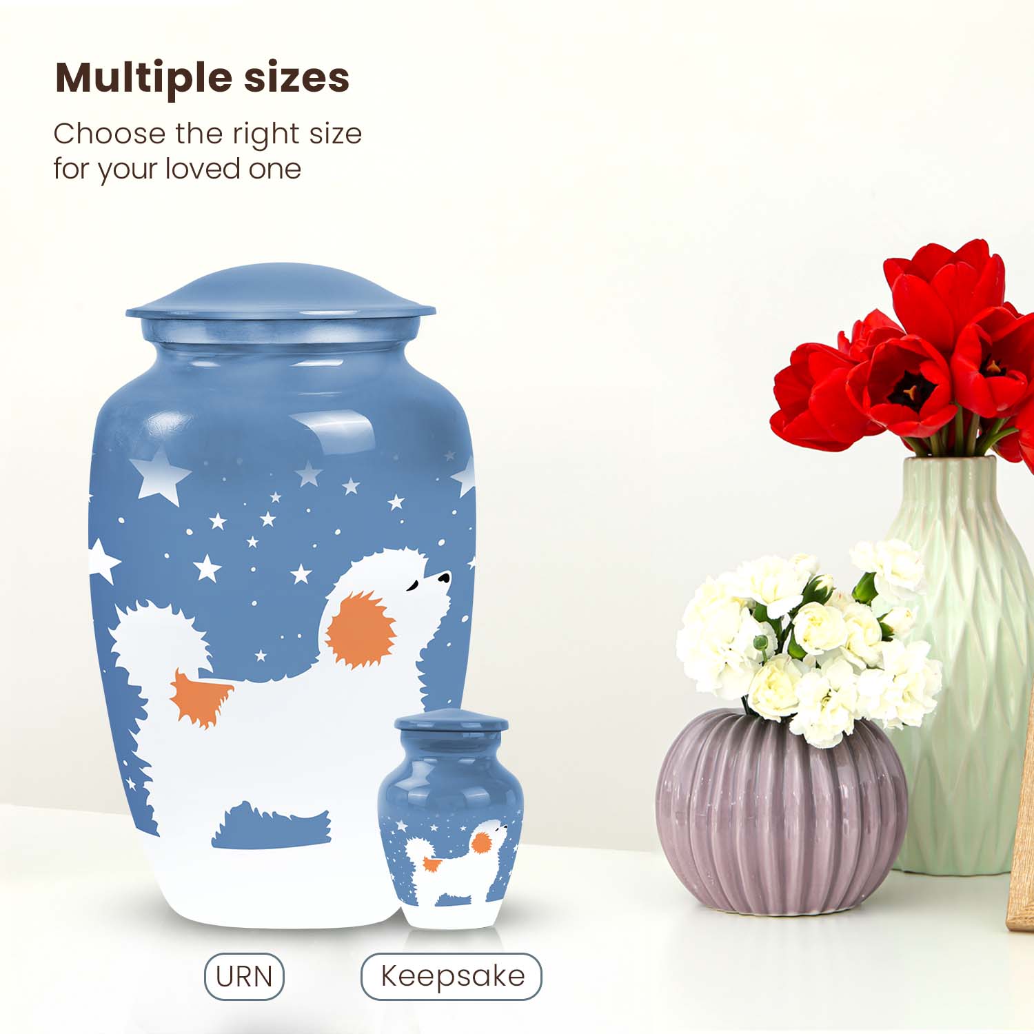 White Fluffy Dog Pet Cremation Urn For Ashes - Dog Memorial Urn