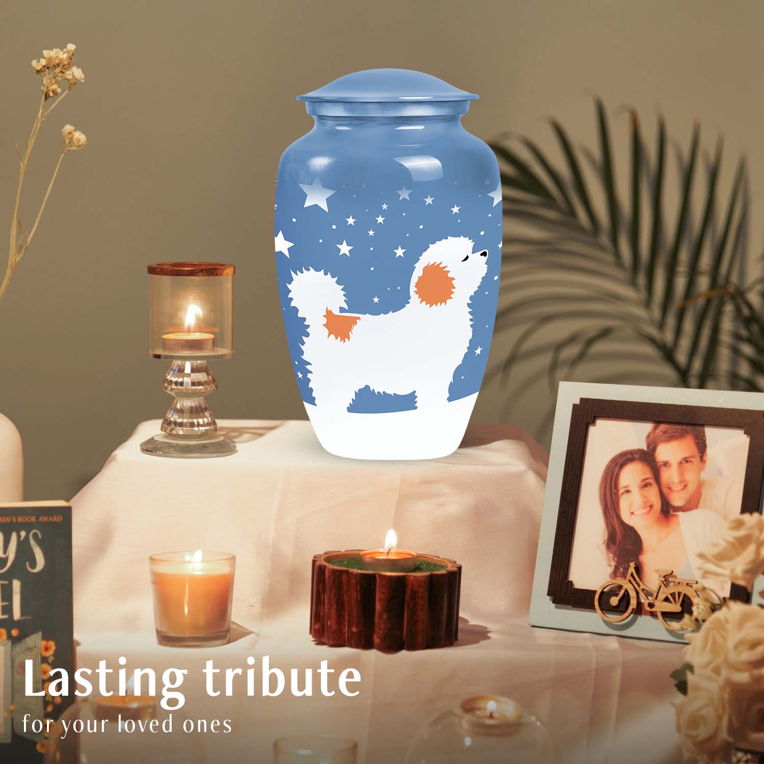 White Fluffy Dog Pet Cremation Urn For Ashes - Dog Memorial Urn