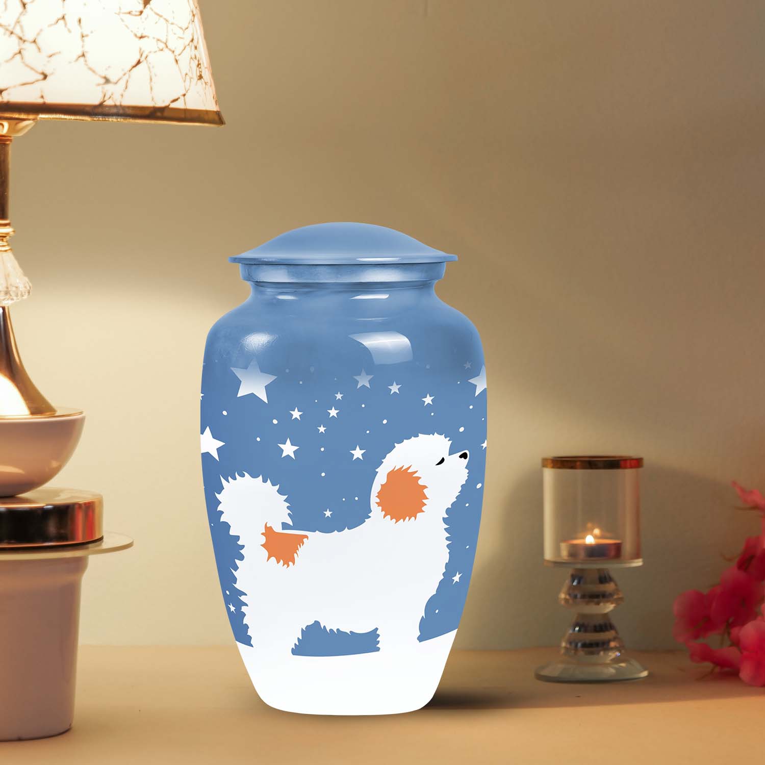 White Fluffy Dog Pet Cremation Urn For Ashes - Dog Memorial Urn