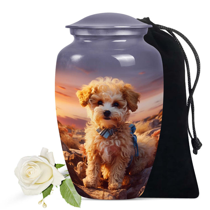 Dog Urn for Pet Ashes, Poodle Puppy on Desert Rocks, Memorial Urn