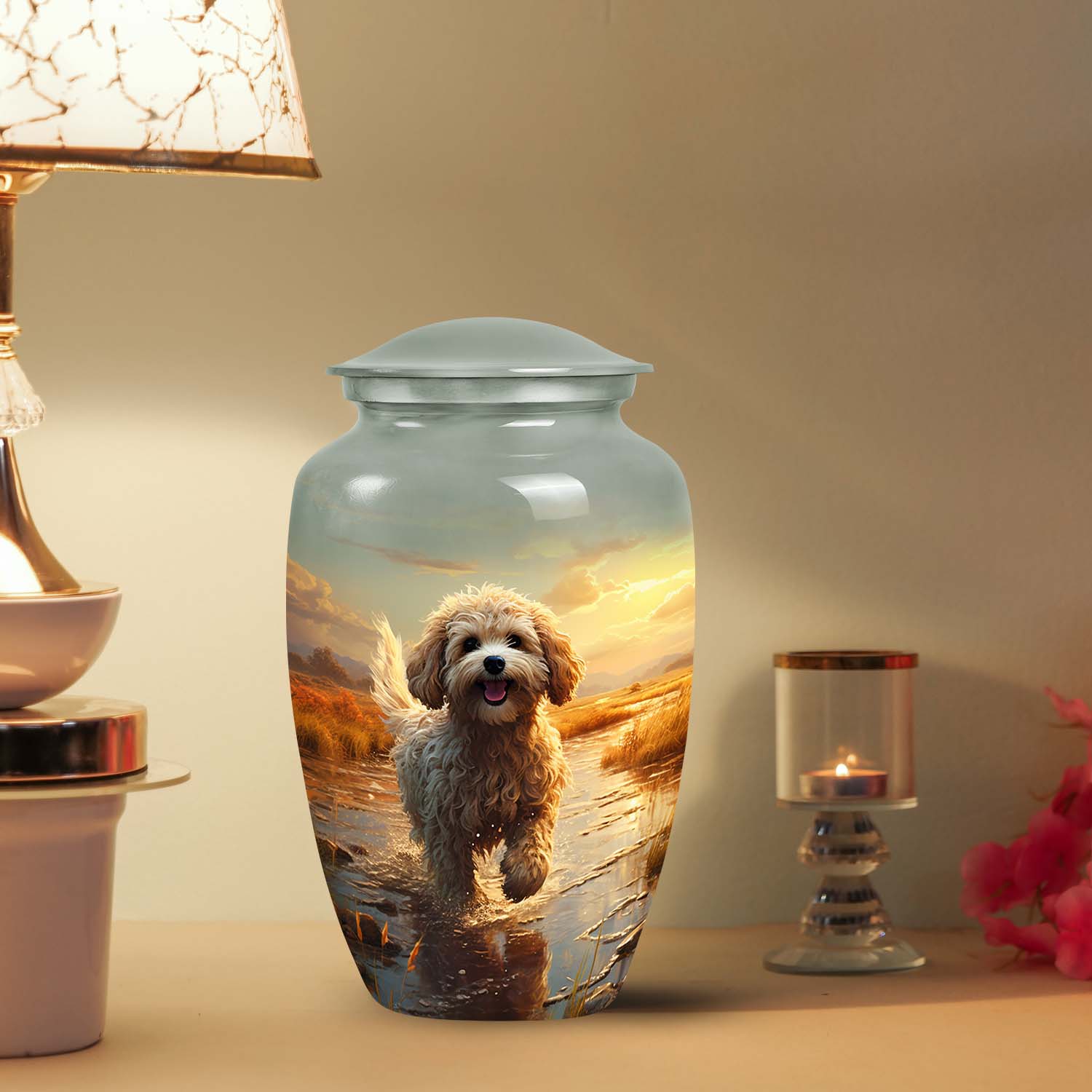 Golden Landscape Dog Urn – 10 inch Keepsake Urn for Dog Ashes