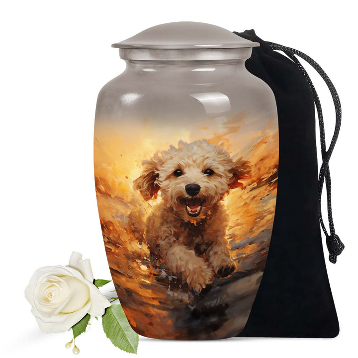 Dog Urn for Pet Ashes, Cream Poodle Running Through Golden Water, Memorial Urn