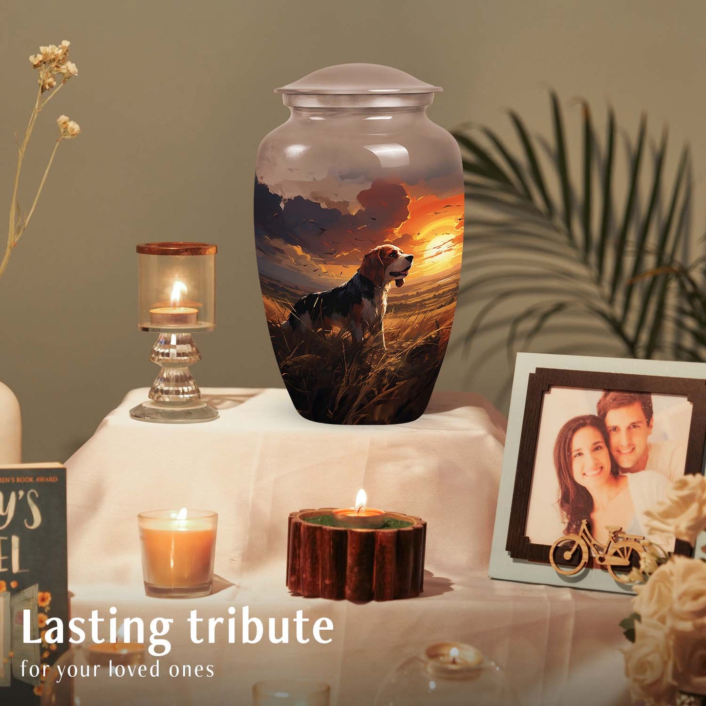 Dog Cremation Urn for Ashes – Beagle Tribute Urn with Fiery Sky