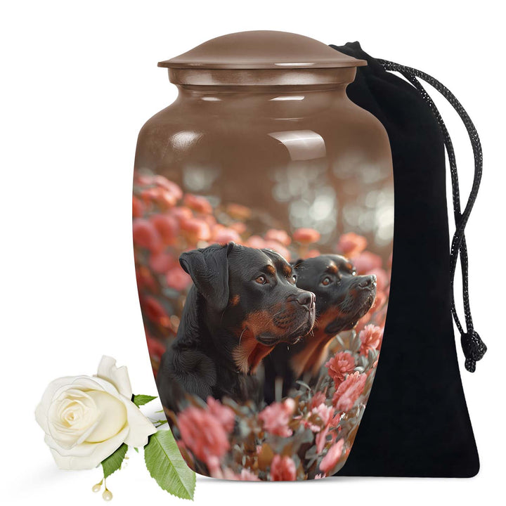 Dog Urn for Pet Ashes, Two Rottweilers Among Pink Flowers, Brown Memorial Urn