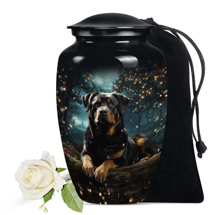 Dog Urn for Pet Ashes, Rottweiler in a Glowing Forest, Memorial Urn