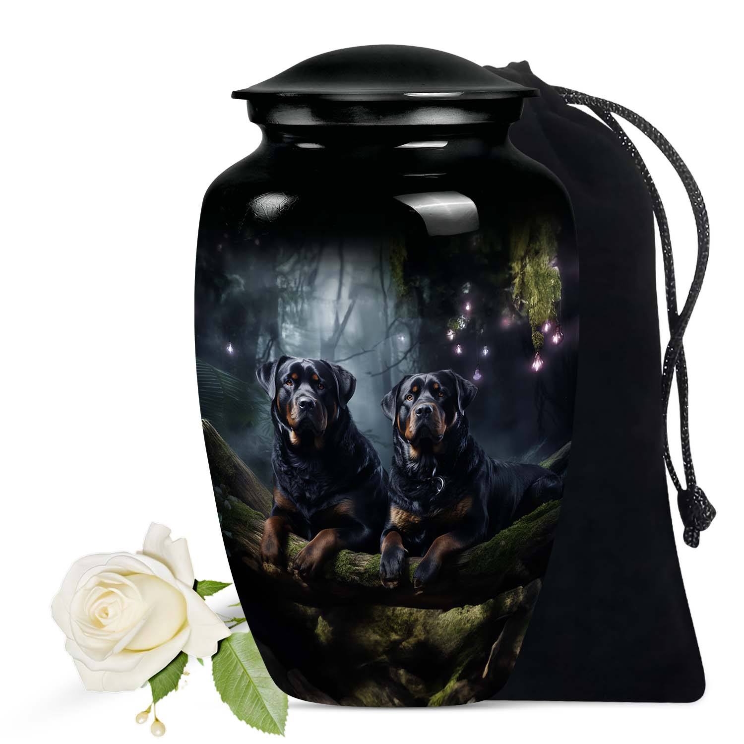 Two Rottweilers Dog Urn for Ashes – Black Pet Memorial Keepsake