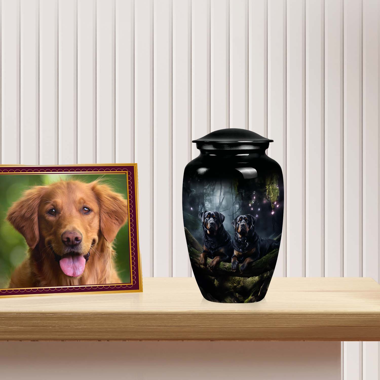 Two Rottweilers Dog Urn for Ashes – Black Pet Memorial Keepsake
