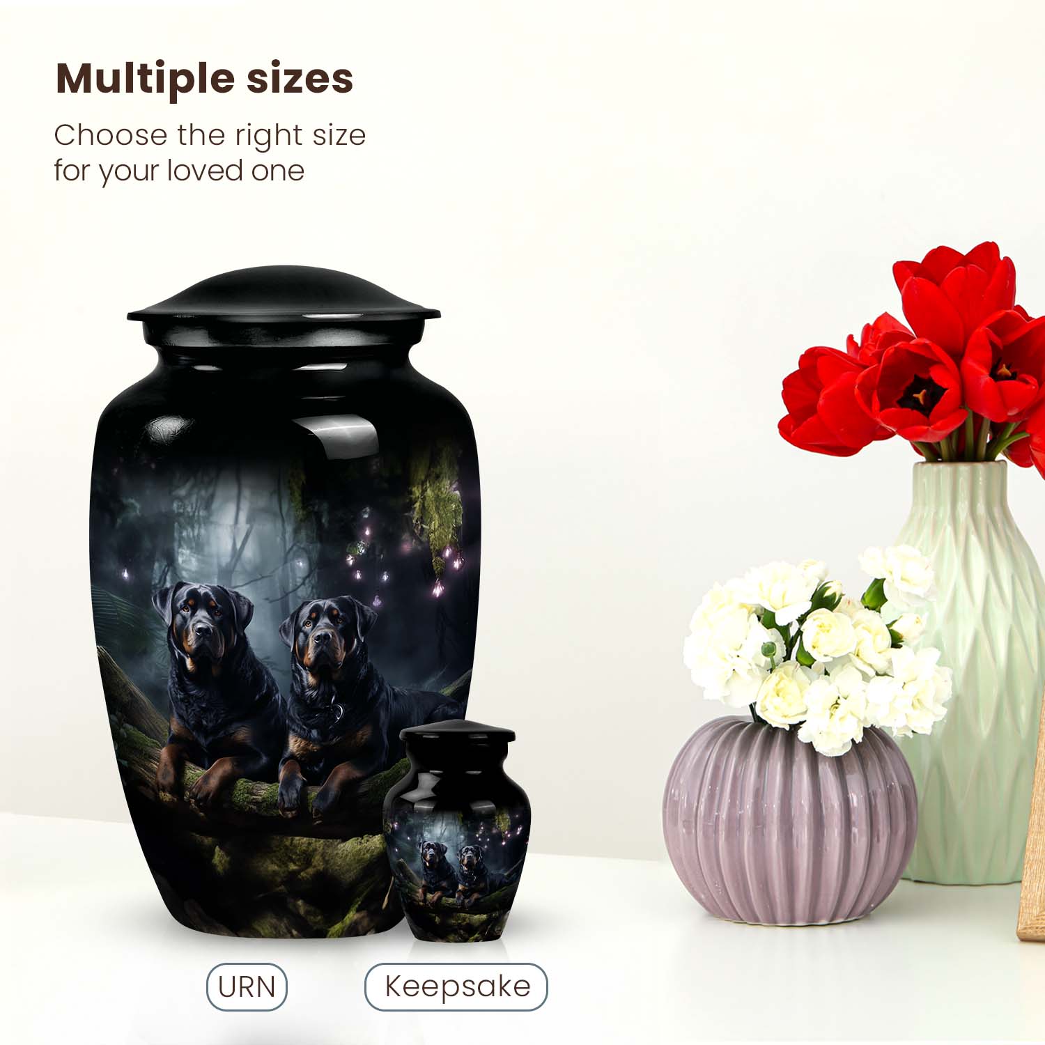 Two Rottweilers Dog Urn for Ashes – Black Pet Memorial Keepsake